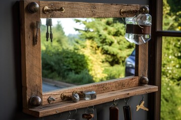 a rustic mirror with old keys and tacks for hanging, created with generative ai