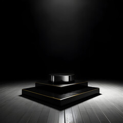 Abstract minimal concept. Chrome podium on dark background with glow light. Mock up template for product presentation. 3D rendering. copy text space

