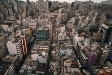Fototapeta na wymiar drone view of bustling cityscape, with tall buildings and masses of people visible, created with generative ai