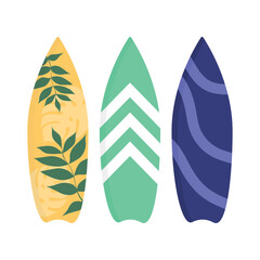 Flat icon set of surfboards in different styles isolated on white background. Summer style. Vector illustration.