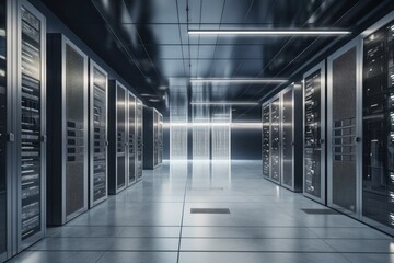 Naklejka premium modern data center, with sleek and clean design, for high-tech companies and startups, created with generative ai