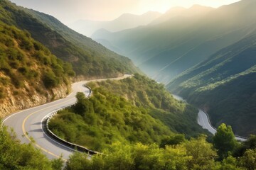 road winding through the mountains, with stunning scenery in every direction, created with generative ai