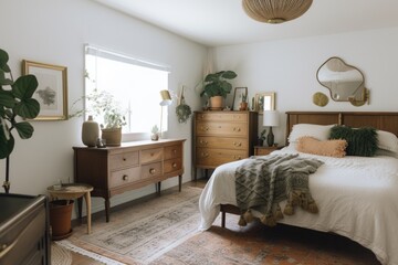 cozy bedroom with mix of vintage and modern decor, including brass bed and upcycled dresser, created with generative ai