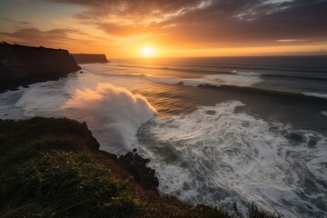 Fototapeta premium grand vista of sun setting over the ocean, with waves crashing against the cliff, created with generative ai