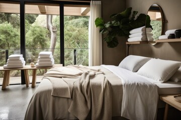 room with eco-friendly sheets and towels, surrounded by natural elements, created with generative ai