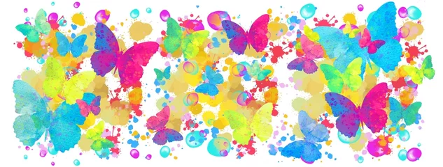 Foto auf Acrylglas Schmetterlinge im Grunge Butterflies , watercolour splashes, bubbles, summer illustration. Baby shower, wedding, birthday, Holiday, wedding template. 