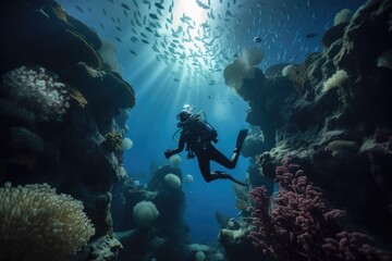 Fototapeta na wymiar diver, hovering above coral reef in aquarium-like setting, created with generative ai