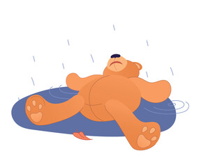 Outside, a wet teddy bear lies in the rain. An abandoned unwanted children's toy. The concept of loneliness, hopelessness and personal problems.