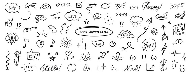 Hand drawn doodle set. Star, heard, arrow, rainbow, cloud, note, wow, lightning vector design. - obrazy, fototapety, plakaty