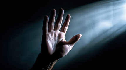 person in prison with hands on window sun beam. Hope concept. generative ai