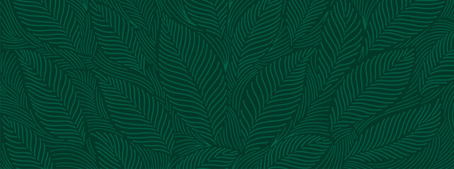 Fototapeta na wymiar Tropical vector background. Leaf wallpaper, floral pattern, tropical plant. Hand drawn leaves on a green background.