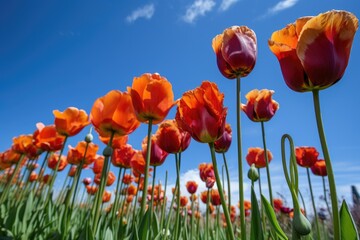 a photo of tulips in a row against an indigo blue sky, created with generative ai