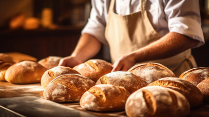 baker doing bread. artisan bakery. generative ai - obrazy, fototapety, plakaty