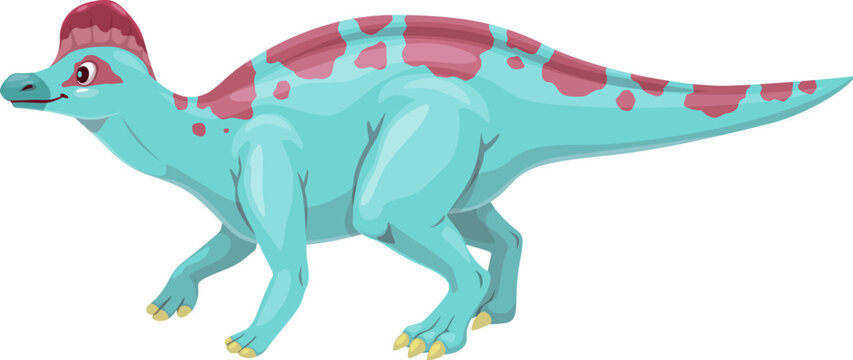 Cartoon corythosaurus dinosaur character. Isolated vector duck-billed herbivorous dino that lived in North America during the Cretaceous Period. Wildlife ancient animal with crest and long tail