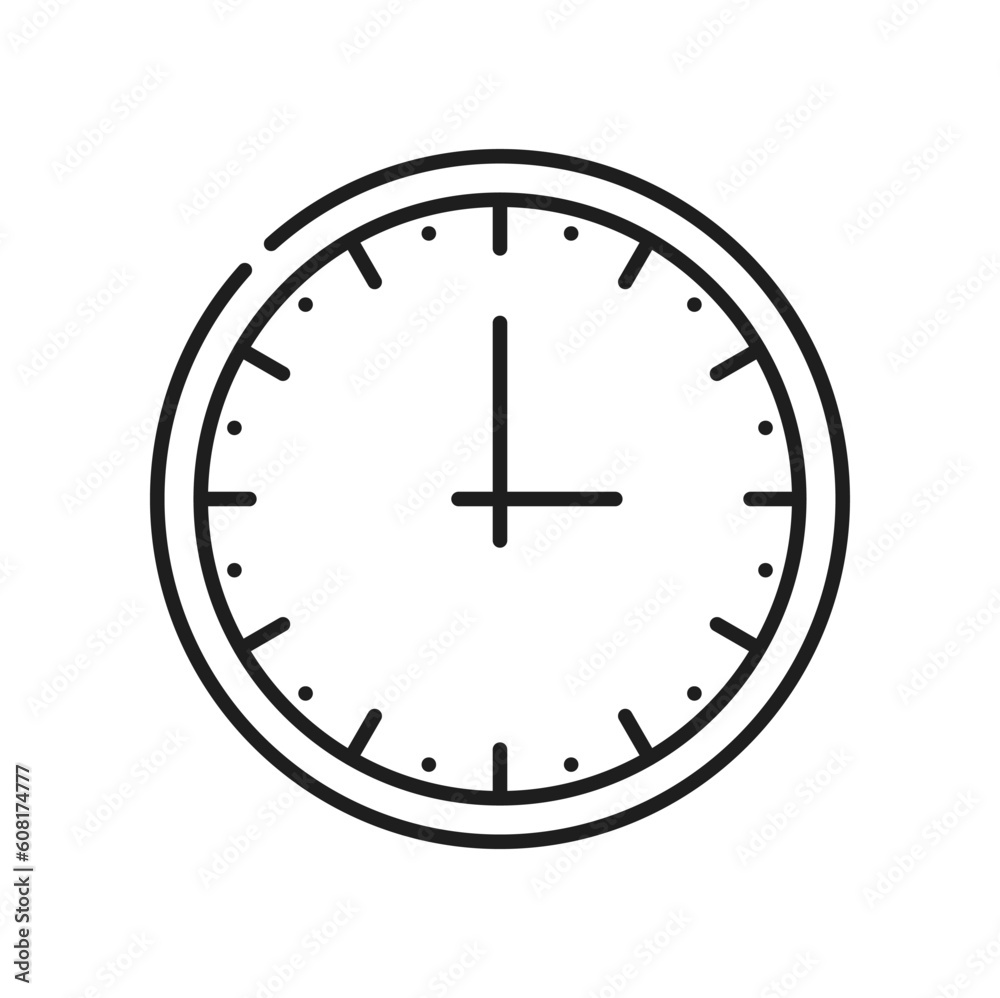 Poster Clock timer watch with dial face hands, outline icon. Vector alarm stopwatch, retro watch face with round shape dial. Antique wall watch, time sign, timepiece