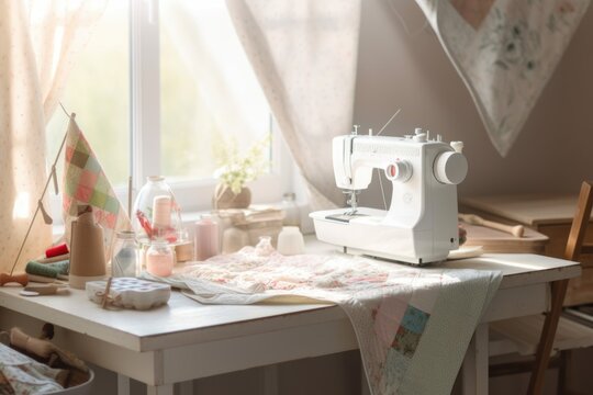 sewing studio with light and airy decor, sewing machine, and basket of fabrics, created with generative ai