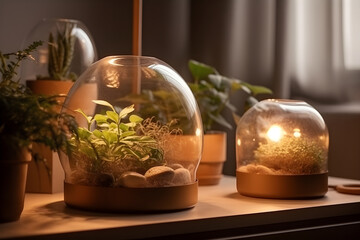 Landscaping of living quarters, proximity to nature indoors. Terrarium. With Generative AI tehnology