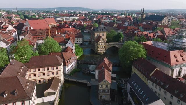 Aerial view of the Old Town of Bamberg with the historic Old Town Hall on the Regnitz River