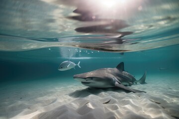 shark and ray swimming together, side by side, created with generative ai