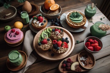 Fototapeta premium plant-based and vegan breakfast, with smoothie bowls, toasts, and fruit, created with generative ai