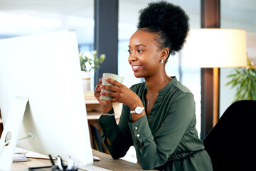 Black woman at desk with smile, computer and coffee cup, African receptionist reading email or...