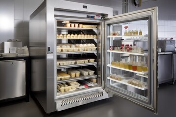temperature-controlled cabinet with roll-up door, revealing shelves of food and beverage items, created with generative ai