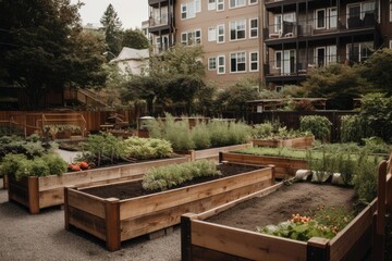 community garden with self-watering planters, raised beds, and vegetable seeds, created with generative ai