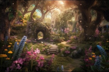 Fototapeta na wymiar magical garden with fairies and magic, surrounded by blooming flowers, created with generative ai