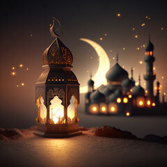 islamic background with moon lanterns and mosque for ramadan eid ul fitr and eid al adha eid milad muharram generative ai