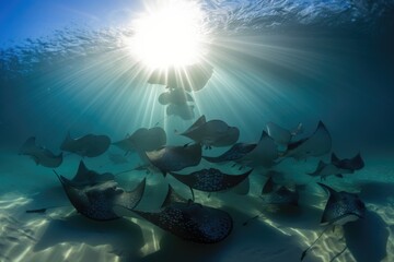 Fototapeta na wymiar school of rays swimming together in synchronized formation, created with generative ai