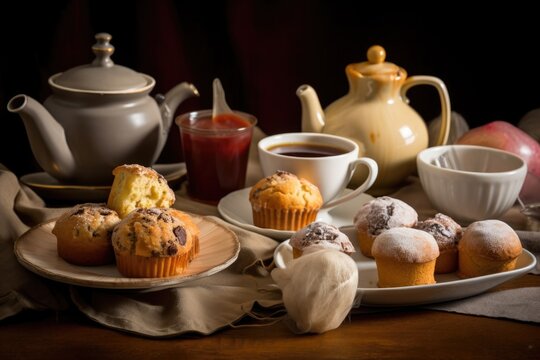 hot cup of tea and assortment of muffins, scones, and other pastries, created with generative ai