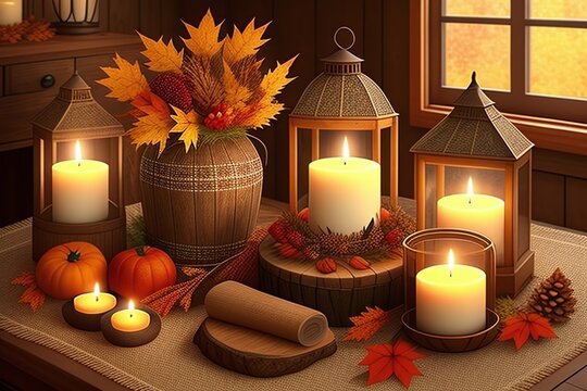 Candles and autumn still life on the table of a rustic picture. Generative AI