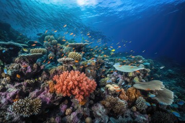 coral reef, with schools of brightly colored fish swimming amongst the corals, created with generative ai