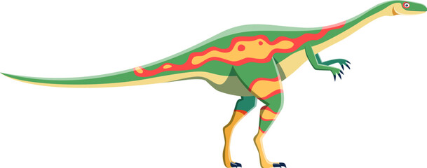 Cartoon Elaphrosaurus dinosaur character. Prehistoric creature or monster, Jurassic era lizard or dinosaur isolated vector cute personage. Jurassic era extinct predator reptile with long neck and tail