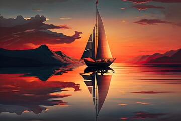 sunset sailboat with sails down, drifting on calm and peaceful lake, created with generative ai - obrazy, fototapety, plakaty