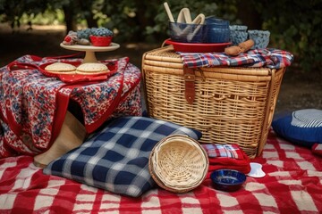 picnic setup with red, white, and blue checkered blanket and basket, created with generative ai
