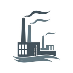 Obraz premium Factory, industrial plant or power station icon. Vector building of chemical or energy industry with smoke, chimneys and pipes. Electricity production, gas and oil refinery plant or factory building