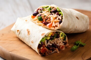 vegetarian burrito, filled with beans, rice and veggies, created with generative ai