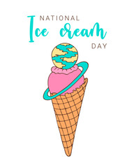 National Ice Cream Day. Greeting card decoration graphic element hand drawn. Isolated, white background. Vector illustration