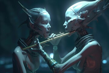 Fototapeta premium alien mother teaching her child how to play the flute, created with generative ai
