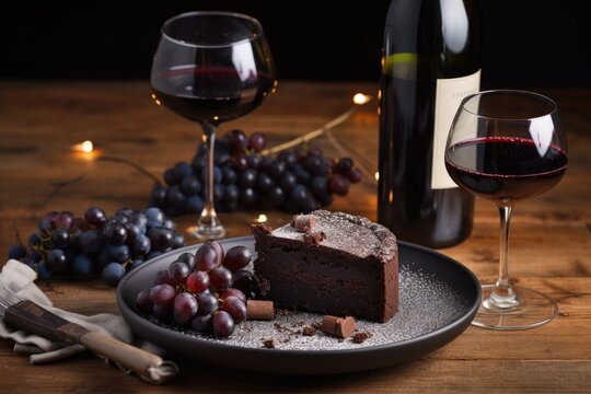 chocolate cake paired with bold red wine for sophisticated and decadent dessert, created with generative ai