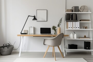 a minimalist home office with clean lines and simple decor, created with generative ai