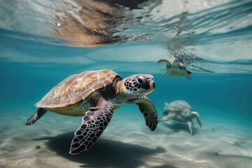 baby sea turtle swimming in the ocean, with its parent nearby, created with generative ai