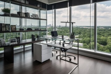 decluttered office, with clear view of the surrounding environment and modern furniture, created with generative ai
