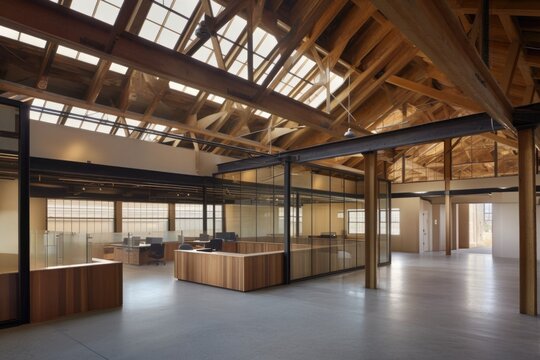 adaptive reuse project of an abandoned warehouse into modern offices with open floor plan, created with generative ai