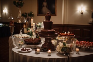 Fototapeta na wymiar wedding reception with elegant chocolate fountain and fondue station, surrounded by other desserts, created with generative ai