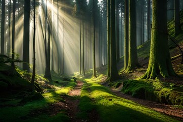 A dense and mysterious forest, with sunlight filtering through the canopy and creating dappled patterns on the forest floor
