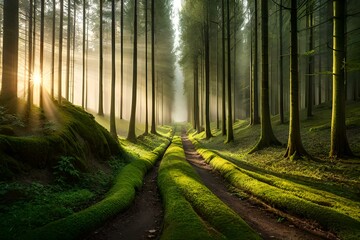 A dense and mysterious forest, with sunlight filtering through the canopy and creating dappled patterns on the forest floor