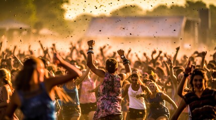 A fictional person.  Energetic Crowd Dancing at Summer Music Festival