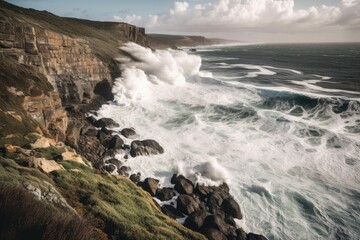 coastal cliff with crashing waves and frothy surf below, created with generative ai